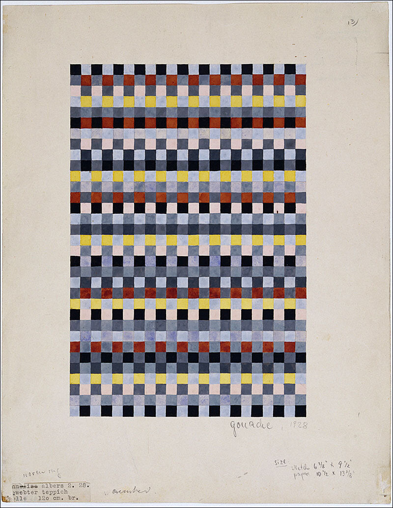 Muster aus bunten, kleinen Quadraten in horizontalen Reihen, in Rot, Schwarz, Blau, Gelb, Grau und Weiß.