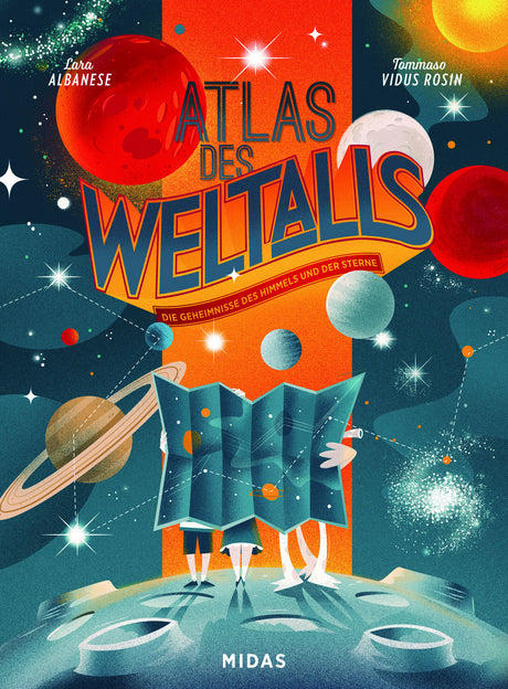 Illustration eines Planeten mit Menschen, die eine Karte halten, umgeben von Planeten, Sternen und Galaxien im Weltraum.