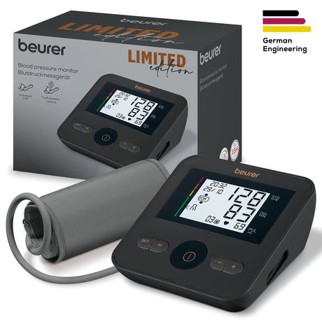 Blutdruckmessgerät mit digitalem Display, Manschette und Verpackung, Marke Beurer, Limited Edition.