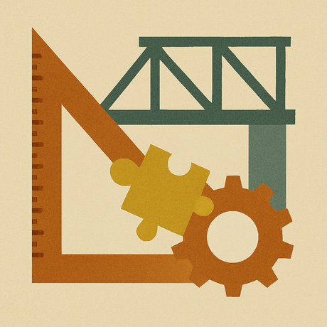 Illustration mit einer Brücke, umgeben von einem Zahnrad, Kran und Dreiecklineal.