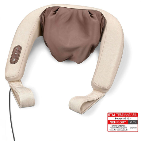 Nackenmassagegerät in beige mit Steuerung, braunes Kopfkissen, Testnote 93,6%.