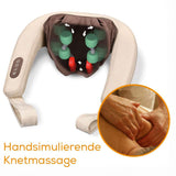 Massagegerät mit rotierenden Köpfen und Handmassage, Text: "Handsimulierte Knetmassage".