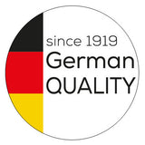 Kreis mit deutschem Flaggenabschnitt links, Text "since 1919 German QUALITY" rechts.