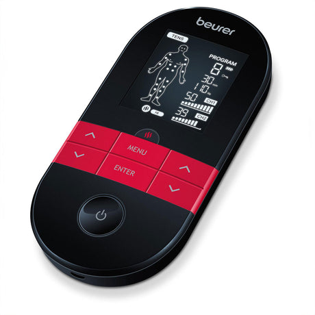 Elektronisches Schmerztherapiegerät mit Display, roten Tasten und Körperabbildung.