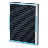 Luftreiniger-Filter mit schwarzem Gitter und blauen Akzenten, seitlich sichtbar.