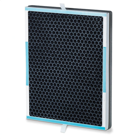 Luftreiniger-Filter mit schwarzem Gitter und blauen Akzenten, seitlich sichtbar.