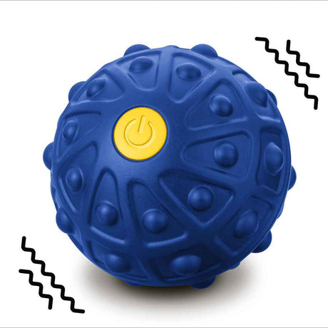 Blauer, runder Massageball mit gelbem Power-Button in der Mitte, umgeben von Noppen und Mustern.