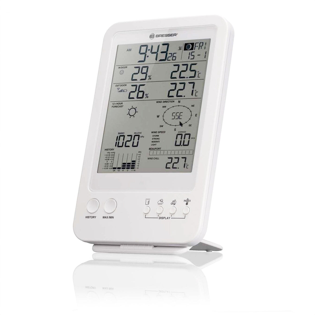 Digitales Wetterstation-Display mit Uhr, Temperatur, Luftfeuchtigkeit, Windrichtung und -geschwindigkeit.