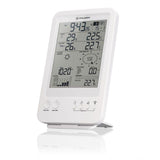 Digitales Wetterstation-Display mit Uhr, Temperatur, Luftfeuchtigkeit, Windrichtung und -geschwindigkeit.