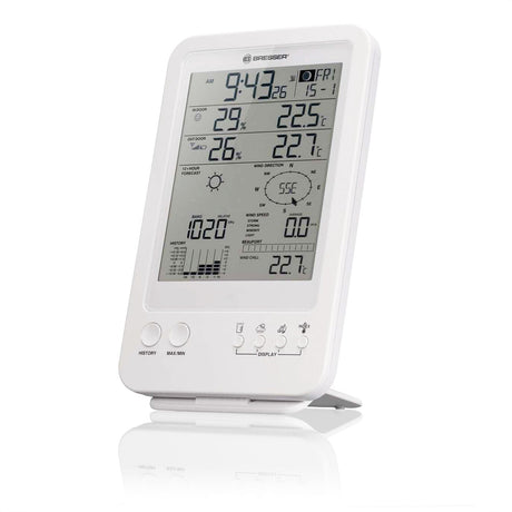Digitales Wetterstation-Display mit Uhr, Temperatur, Luftfeuchtigkeit, Windrichtung und -geschwindigkeit.