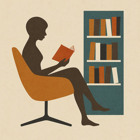 Illustration einer Frau, die entspannt in einem Stuhl sitzt und ein Buch liest.