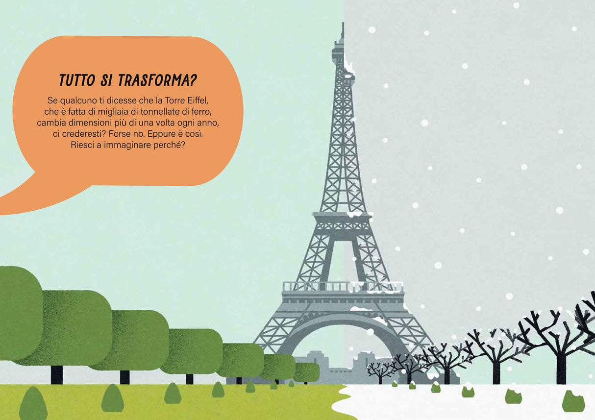 Eiffelturm im Winter mit Schneefall, Bäume im Vordergrund, orange Sprechblase mit Text.