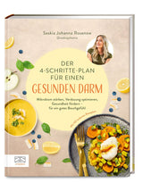 Buchcover mit Titel, Autorin, Foto, Obst- und Gemüsestücken, Suppe und Gericht auf einem Teller.