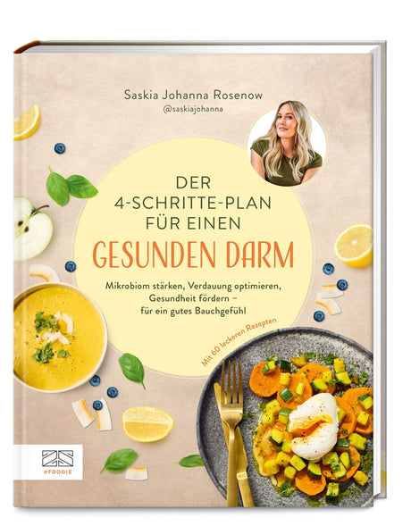 Buchcover mit Titel, Autorin, Foto, Obst- und Gemüsestücken, Suppe und Gericht auf einem Teller.