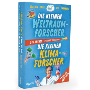 Buchcover mit blauer Hintergrund, Titel, Illustrationen eines Flugzeugs, Baum, Schere, Wissenschaftler mit Reagenzglas, und Text "
