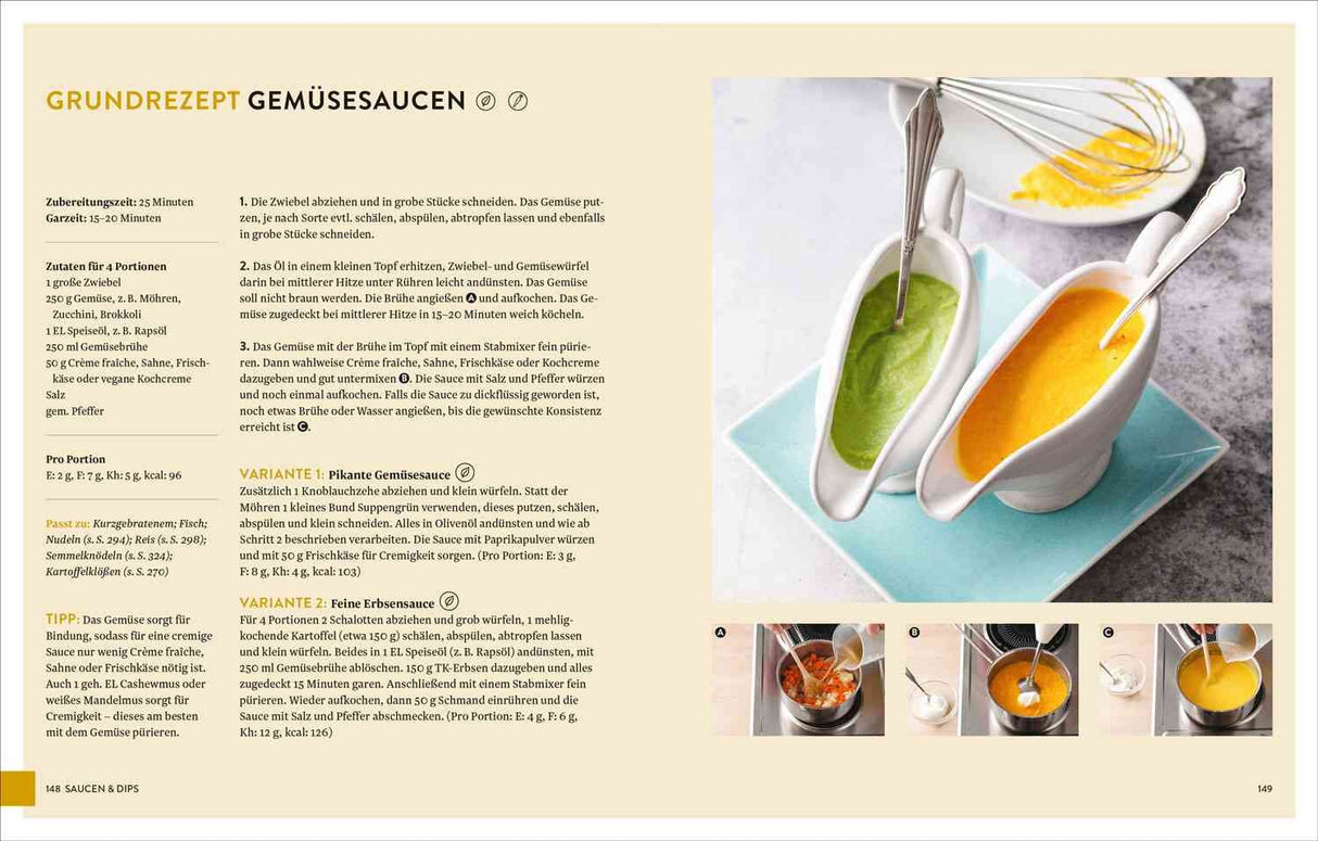 Zwei Schalen mit grüner und gelber Gemüsesauce, jeweils mit Schneebesen.