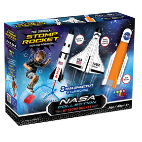 Verpackung eines Raketen-Bausets mit drei NASA-Raumfahrzeugen und einem Launcher, für Kinder ab 5 Jahren.