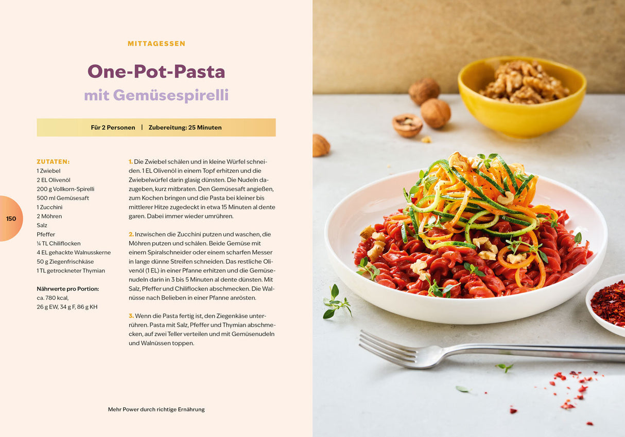 Bunte Pasta mit Zucchini-Spiralen, Tomaten und Walnüssen auf weißem Teller, daneben eine kleine Schüssel mit getrockneten Tomaten.
