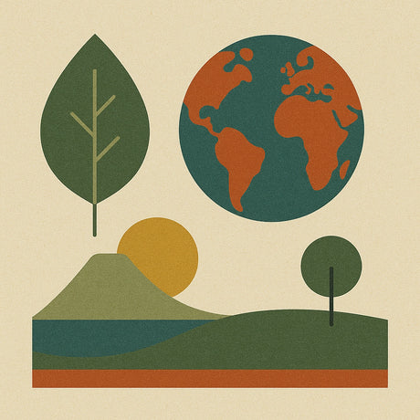 Eine Illustration mit einer grünen Erde, Bäumen und einer strahlenden Sonne.