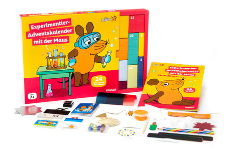 Bunte Experimentier-Adventskalender mit Maus, inklusive Anleitungsbuch, Testmaterialien und Zubehör.