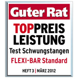 Schwarzer, roter und weißer Text auf weißem Hintergrund, mit einem silbernen Rahmen, beworbener Ratgeber zu Top-Preisen und Tests.