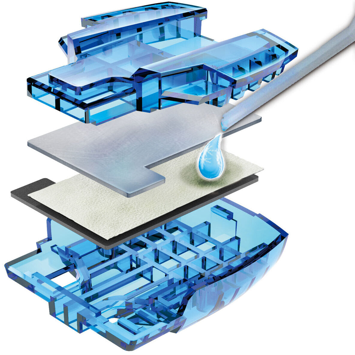 Schematische Darstellung eines Wasserfilters mit mehreren Schichten, Wasser tropft durch eine Düse.