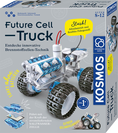 Baukastenmodell eines futuristischen, geländegängigen, batteriebetriebenen Fahrzeuges mit großen Reifen.