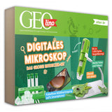 Grünes Entdecker-Set mit Mikroskop, Smartphone-Adapter, Testgläser, Blätter, Insekten und wissenschaftliche Symbole.