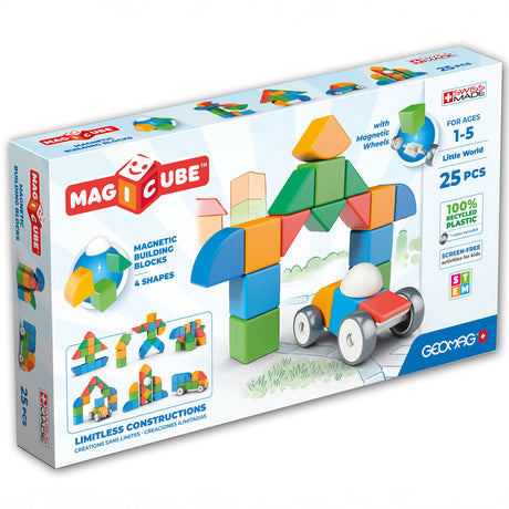 Bunte magnetische Bausteine in einer Spielbox, für Kinder im Alter 1-5, mit 25 Teilen, recyceltem Kunststoff, ohne Bildschirm.