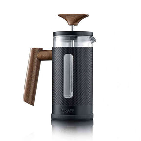 French press mit Holzgriff, schwarzem Gehäuse und transparentem Glasbehälter.