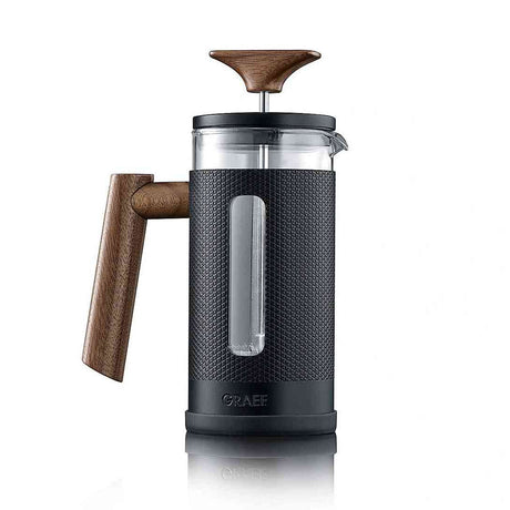 French press mit Holzgriff, schwarzem Gehäuse und transparentem Glasbehälter.