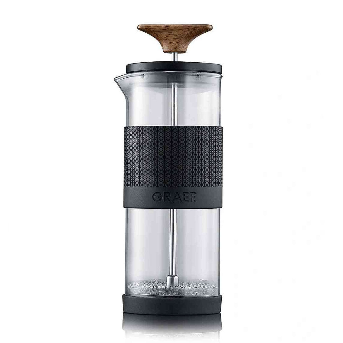 Kaffeemühle mit Holzgriff, Glasbehälter, schwarzem Gummiband mit Muster und "GRAEF"-Schrift.