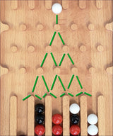 Auf dem Bild ist ein Holz-Backgammon-Brett mit schwarzen, roten und weißen Steinen.