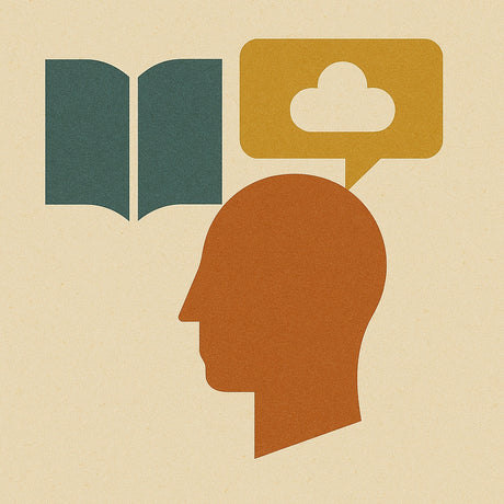 Eine Illustration. Kopf eines Mannes, über dem ein Buch und eine Wolke dargestellt sind.