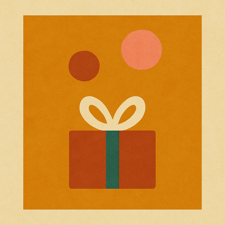 Illustration eines Geschenks in einer grünen und orangefarbenen Box auf braunem Hintergrund.