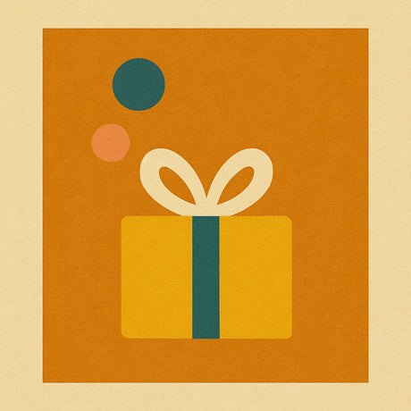 Illustrierte Geschenkbox mit blauer Schleife und orangefarbigen Punkten.