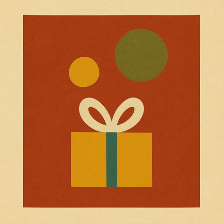 Ein rotes und grünes gerahmtes Poster mit einer Geschenkbox-Illustration.