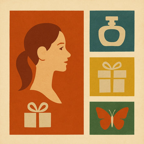 Illustration einer Frau im Profil, umgeben von einem Schmetterling und Parfümflasche, symbolisiert Geschenkideen für Frauen.