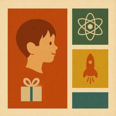 Illustration eines Jungenkopfes mit einer Rakete und einem Geschenk, symbolisiert Geschenkideen für Kinder.