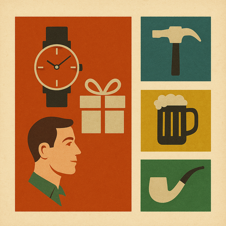 Illustration eines Mannes mit einer Uhr, einer Pfeife, einem Hammer und einem Geschenk, passend für Männergeschenke.