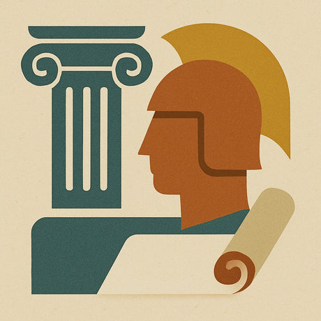 Eine Illustration. Ein Mann trägt einen Helm und steht neben einer großen Säule.