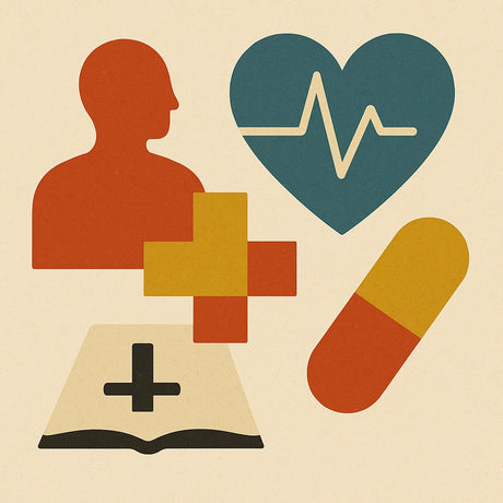 Illustration mit einem Kreuz, Herz, Pille, Person, Bibel.