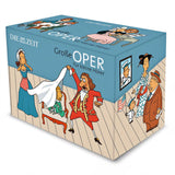 Spielzeugbox mit Cartoon-Opernfiguren, Thematik: große Oper für kleine Zuhörer, mit Figuren im Theaterkostüm.