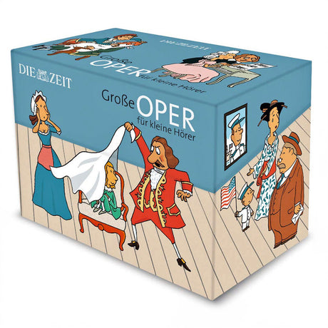 Spielzeugbox mit Cartoon-Opernfiguren, Thematik: große Oper für kleine Zuhörer, mit Figuren im Theaterkostüm.