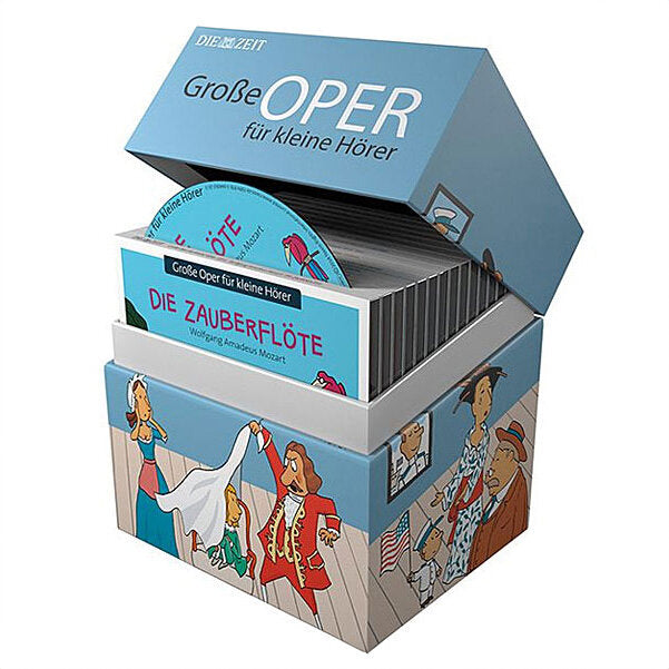 Offene Box mit CDs und Buch "Die Zauberflöte" im Inneren, mit Illustrationen von Figuren aus der Oper.