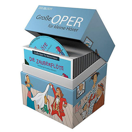 Offene Box mit CDs und Buch "Die Zauberflöte" im Inneren, mit Illustrationen von Figuren aus der Oper.