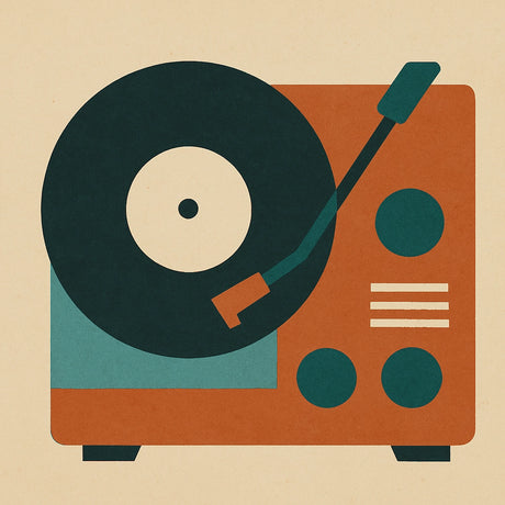 Eine Illustration eines vintage Plattenspielers mit einem Plattenteller obenauf.