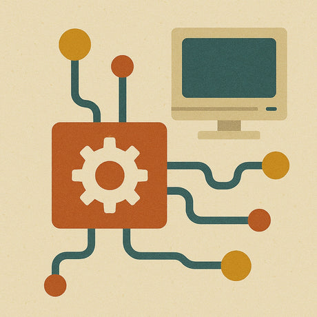 Bild eines Computers und eines Monitors in einer Illustration, die die technische Ausstattung zeigt.
