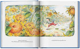 A Illustration of a girl running through a sunflower field with tall, yellow sunflowers on both sides.