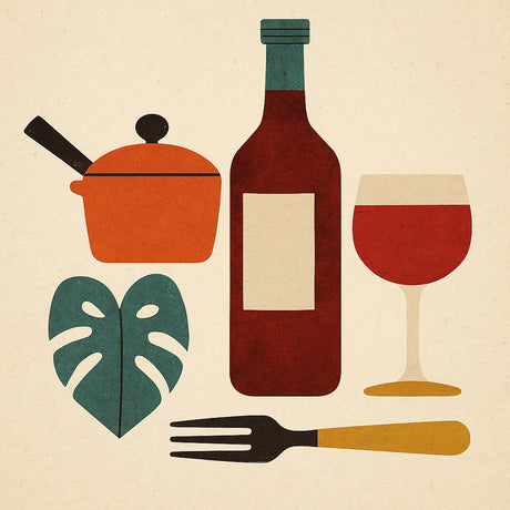 Eine Illustration die eine Flasche Wein, ein Topf, eine Gabel und ein grünes Blatt darstellt.